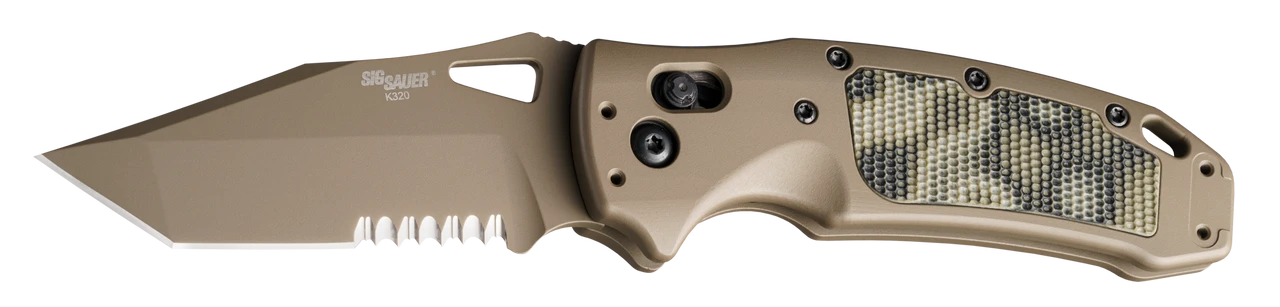 Hogue SIG K320 AXG Scorpion: 3.5" Tanto Blade (Partially Serrated) - FDE Cerakote Finish, FDE Aluminum Frame & G-Mascus Green G10 Insert 3 Hogue SIG K320 AXG Scorpion: 3.5" Tanto Blade (Partially Serrated) - FDE Cerakote Finish, FDE Aluminum Frame & G-Mascus Green G10 Insert