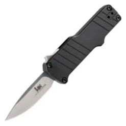 HK Micro Incursion OTF Automatic: 1.95" Clip Point Blade - Tumbled Finish, Matte Black Aluminum Frame