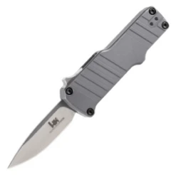 HK Micro Incursion OTF Automatic: 1.95" Clip Point Blade - Tumbled Finish, Matte Grey Aluminum Frame